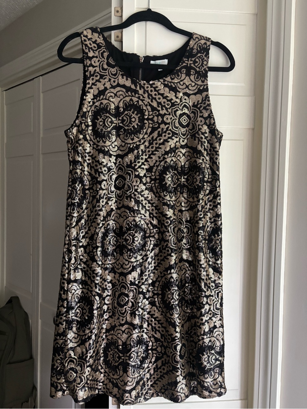 Sleeveless Black and Gold Sequin Shift Dress